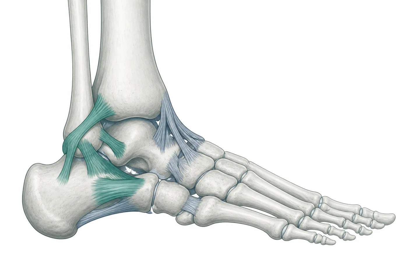 Anatomie kotníku s vazy na vnitřní a vnější straně