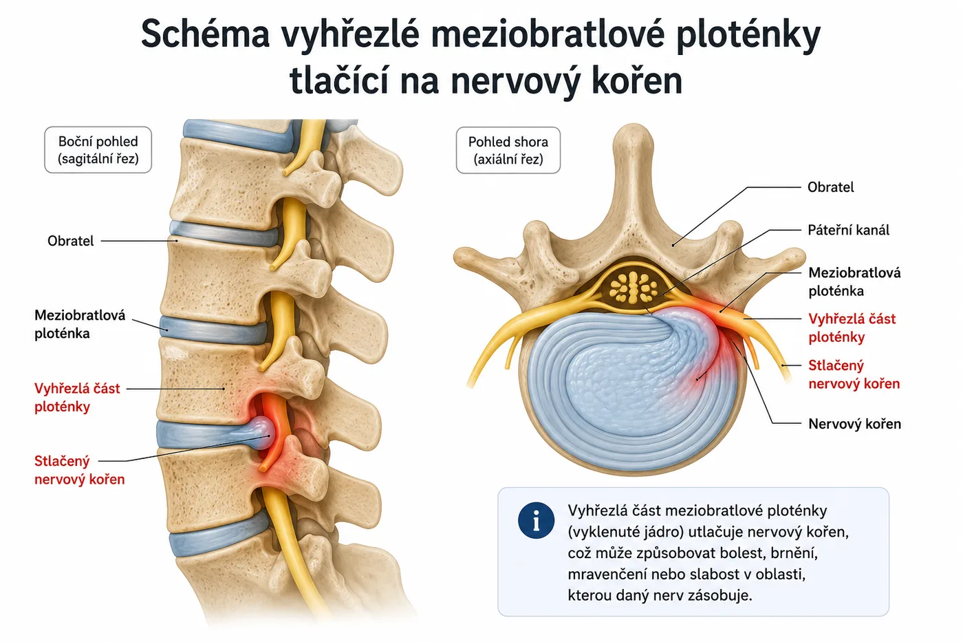 Schéma vyhřezlé meziobratlové ploténky tlačící na nervový kořen