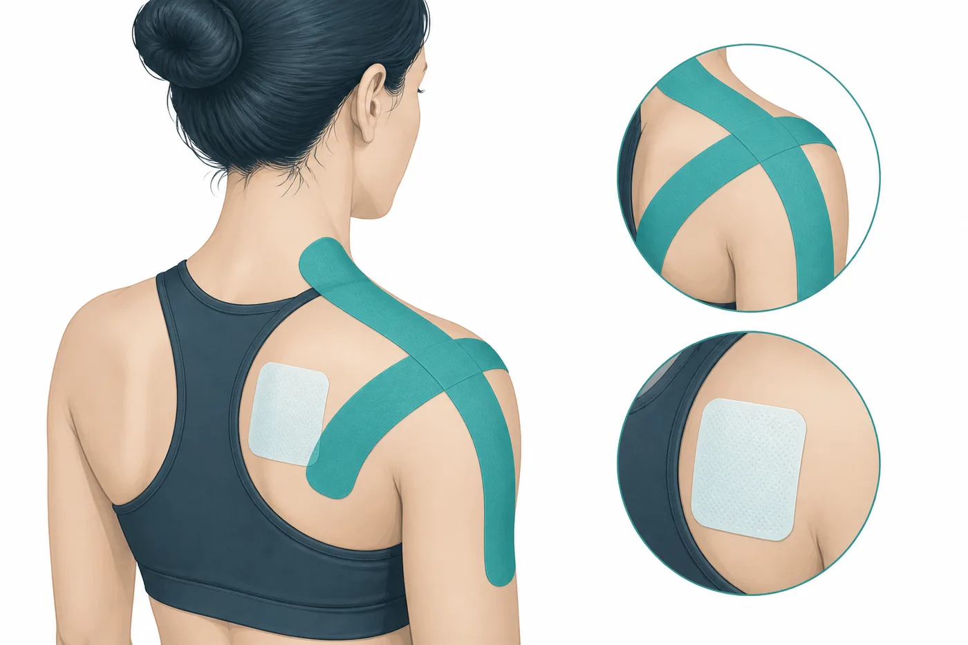 Náplast proti bolesti a kineziotejp nalepený na těle
